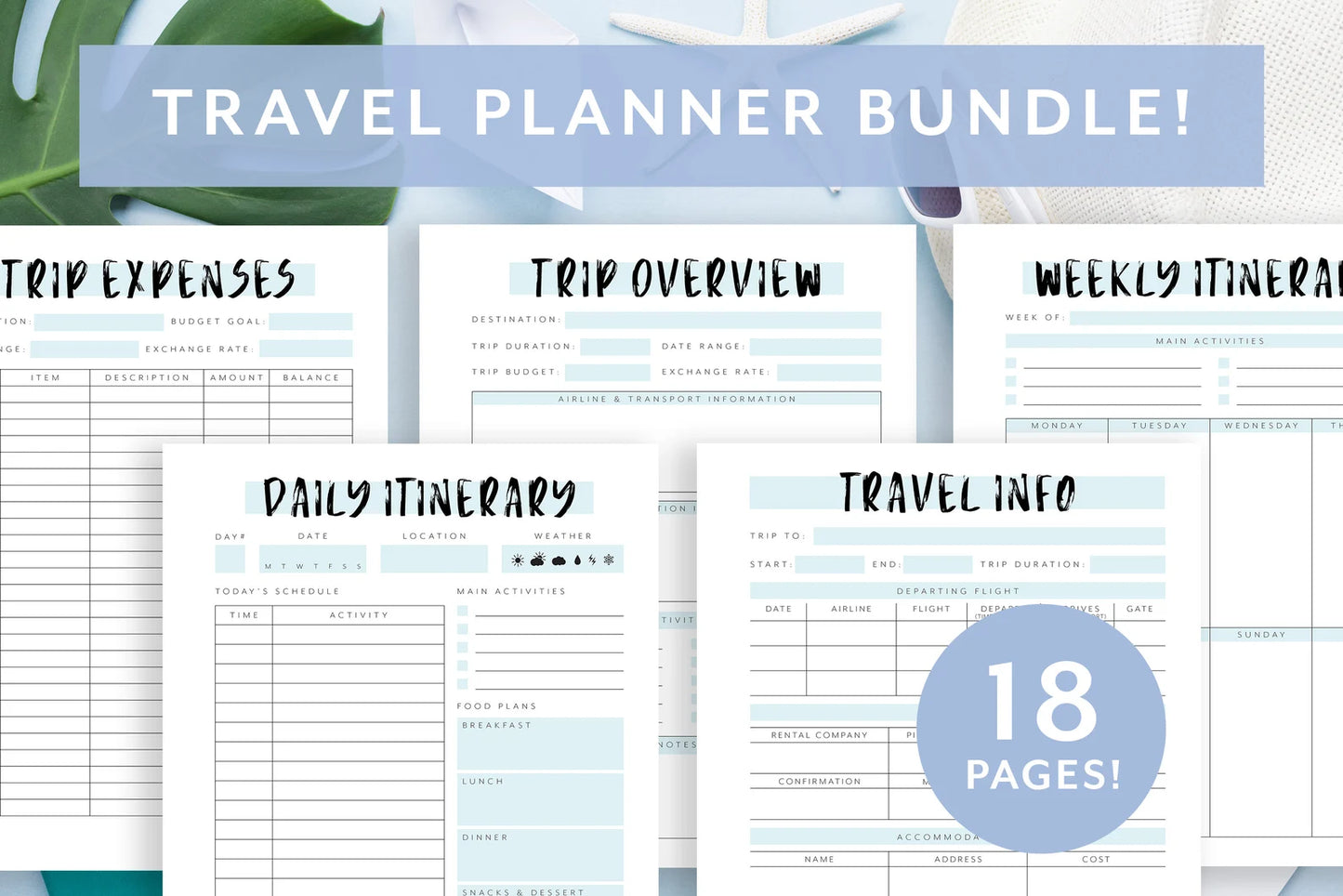 Printable Travel Planner – 18-Page Digital Bundle